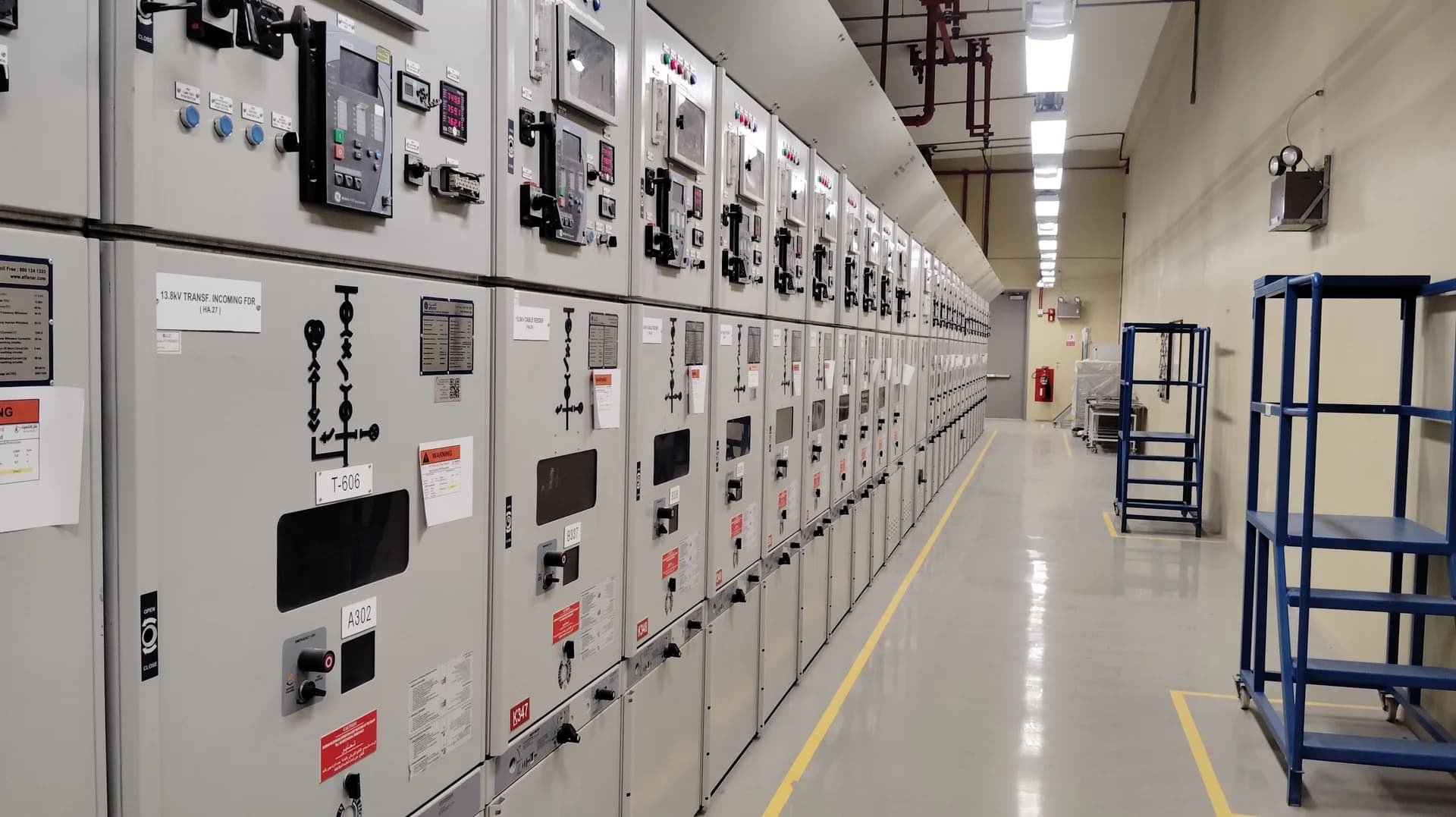 Electrical switchgear panels inside a power distribution room